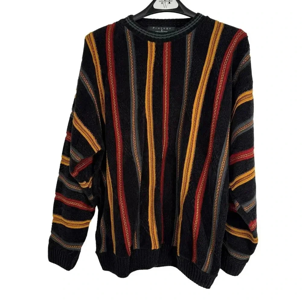 Men's Crewneck Sweater - Black with Red & Mustard Stripes